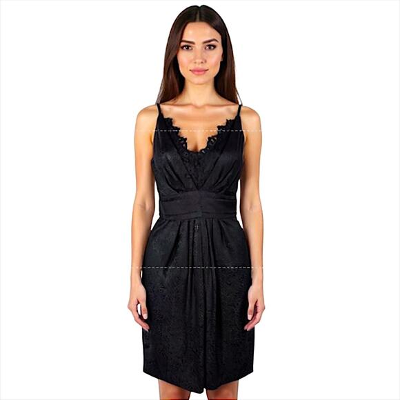 Kenar Silk Spaghetti Strap Dress Women's Sz 6 Black Eyelash Lace V Neck Pleated - Picture 9 of 16